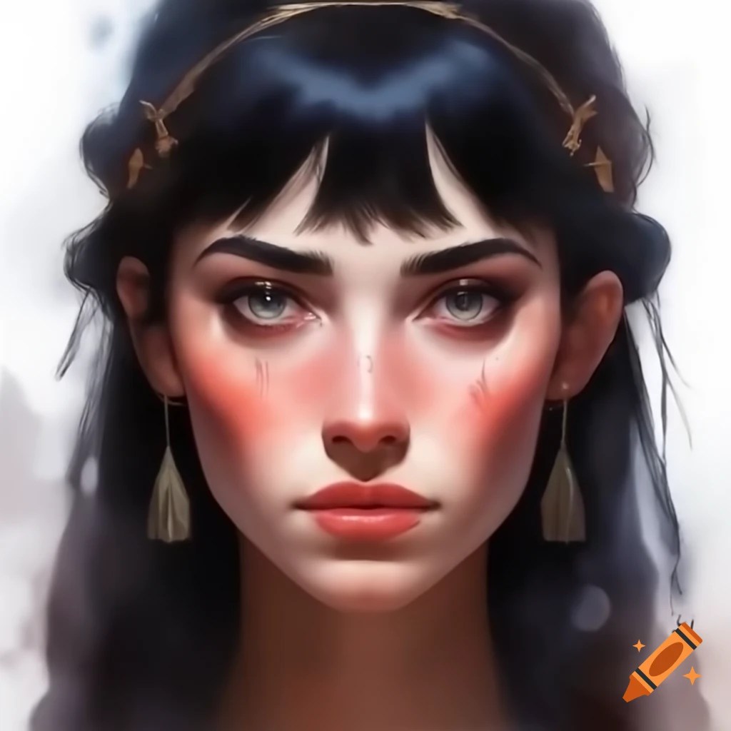 Portrait of a white goddess with glowing black hair and flowers
