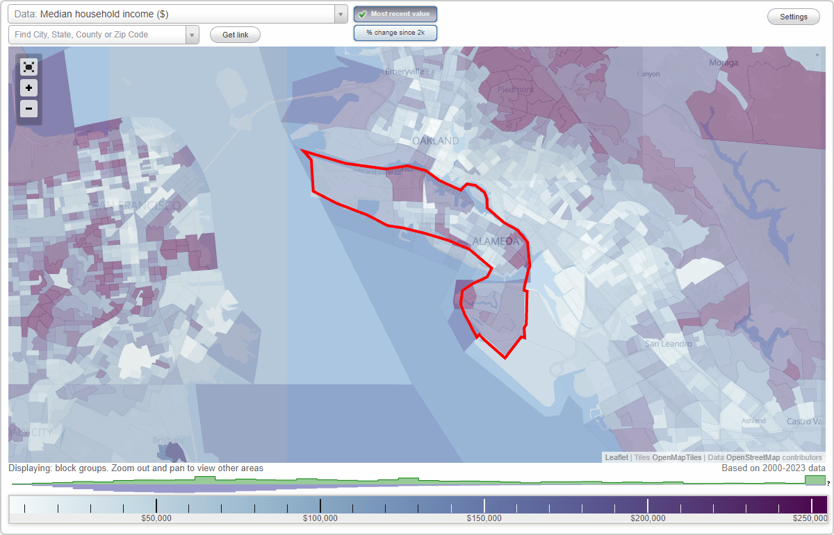 Alameda, California (CA) map, earnings map, and wages data