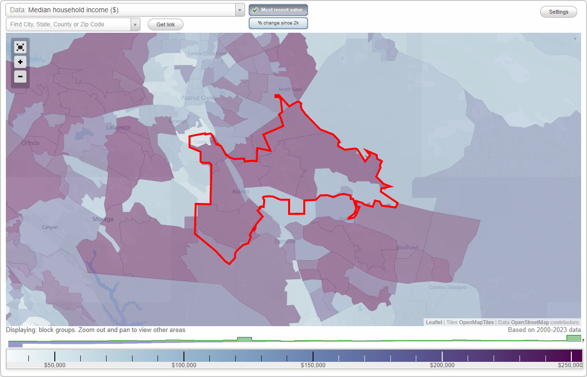 Alamo, California (CA) map, earnings map, and wages data