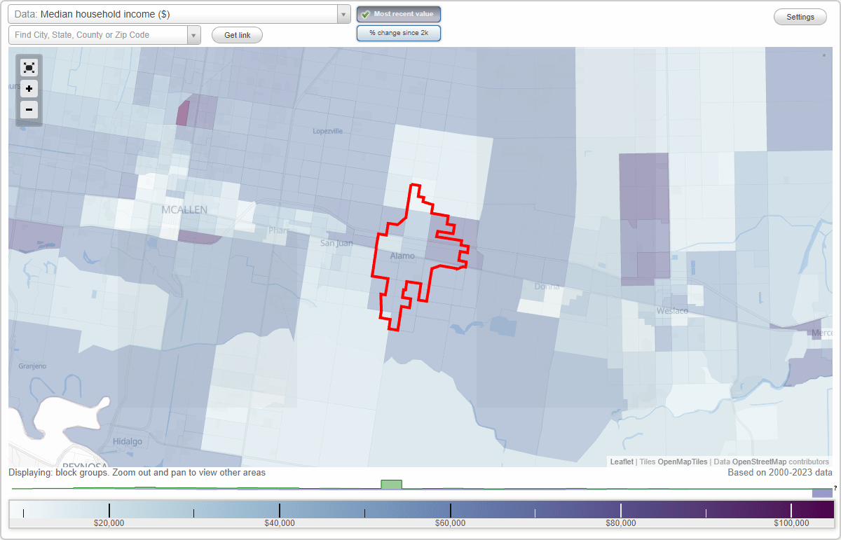 Alamo, Texas (TX) map, earnings map, and wages data