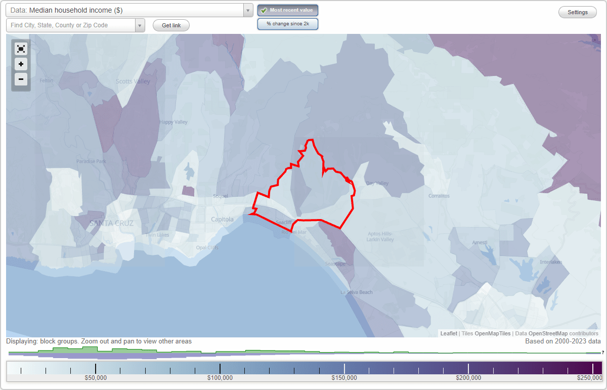 Aptos, California (CA) map, earnings map, and wages data