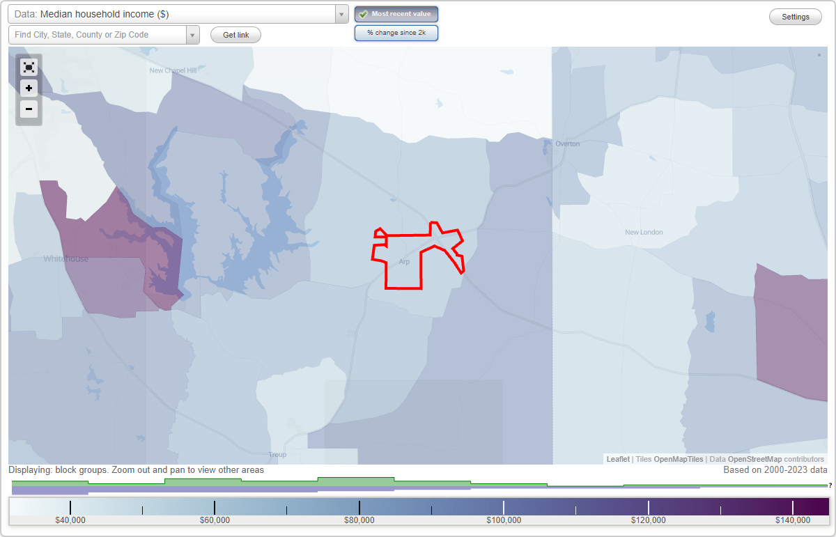 Arp, Texas (TX) map, earnings map, and wages data