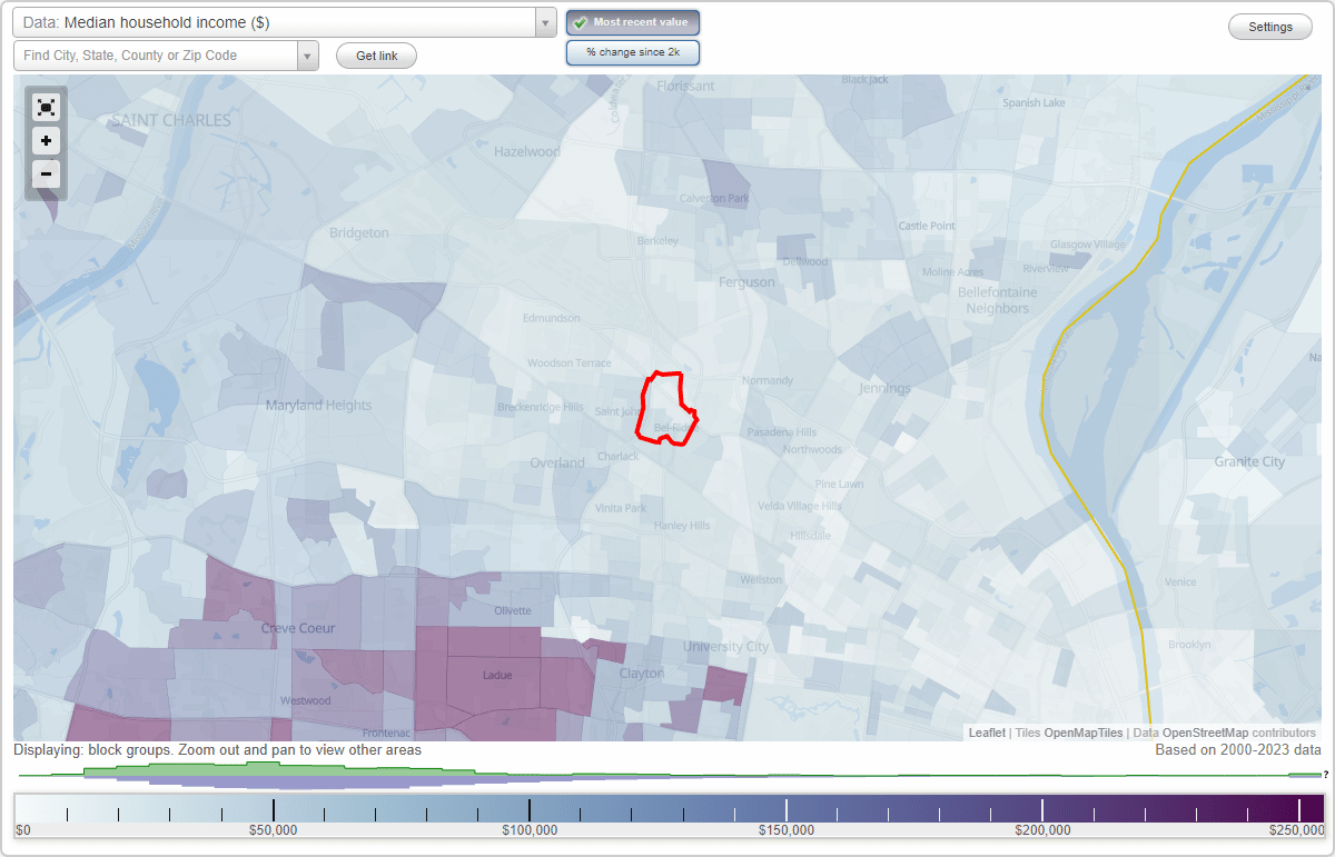 BelRidge, Missouri (MO) map, earnings map, and wages data