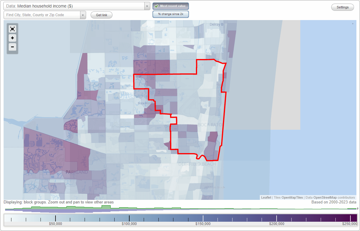 Boca Raton, Florida (FL) map, earnings map, and wages data