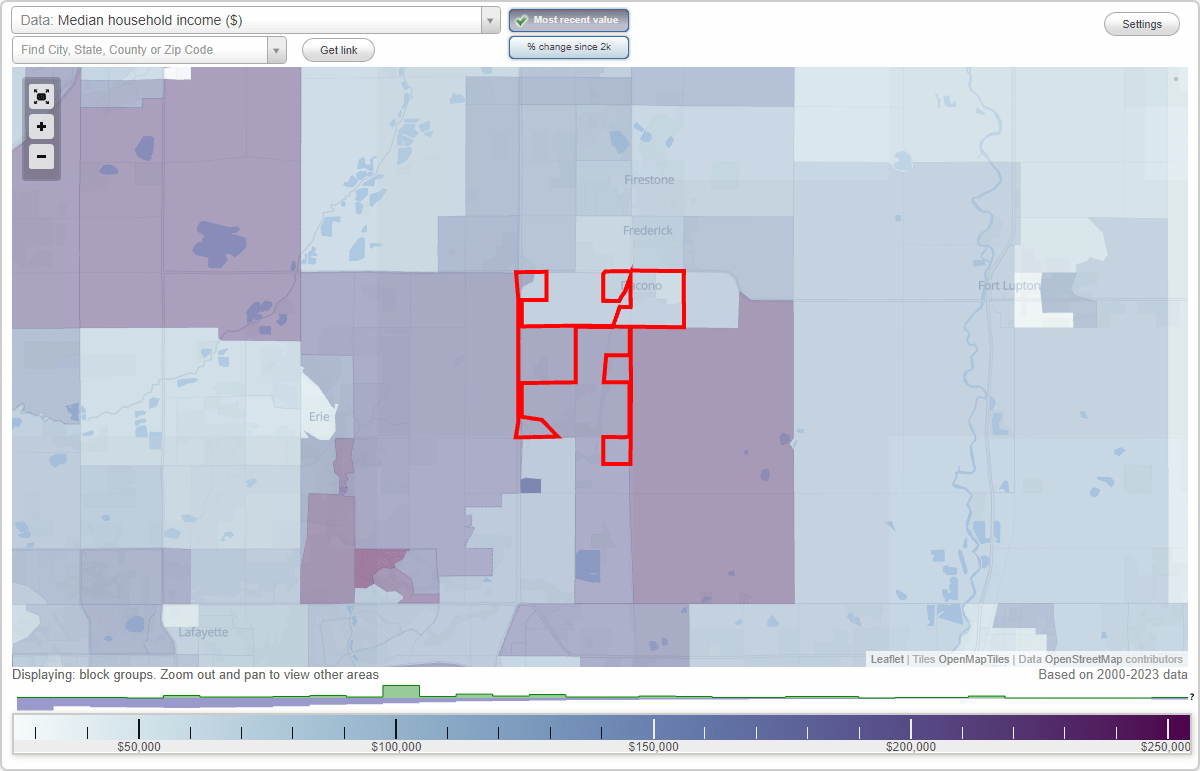 Dacono, Colorado (CO) map, earnings map, and wages data