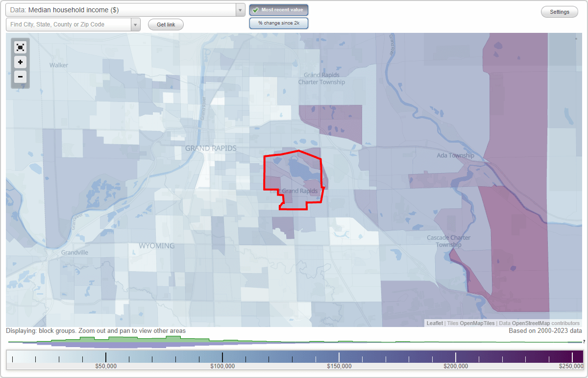 East Grand Rapids, Michigan (MI) map, earnings map, and wages data