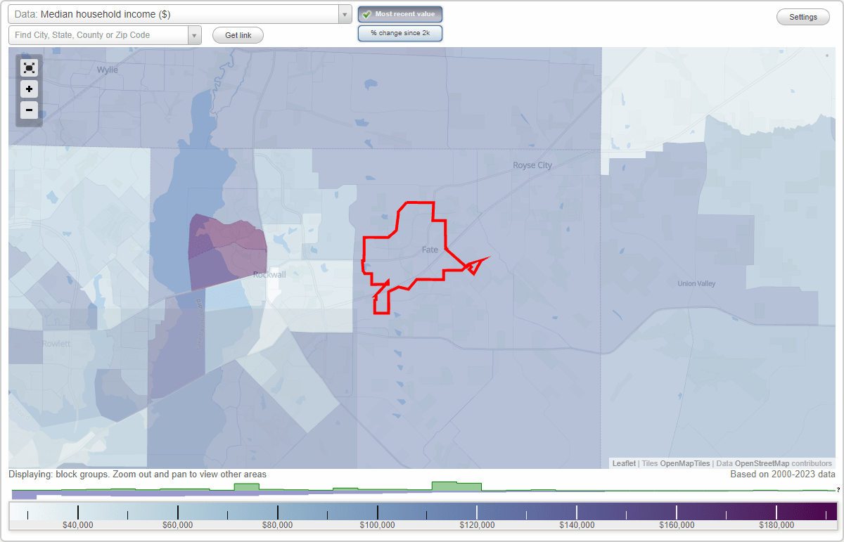 Fate, Texas (TX) map, earnings map, and wages data