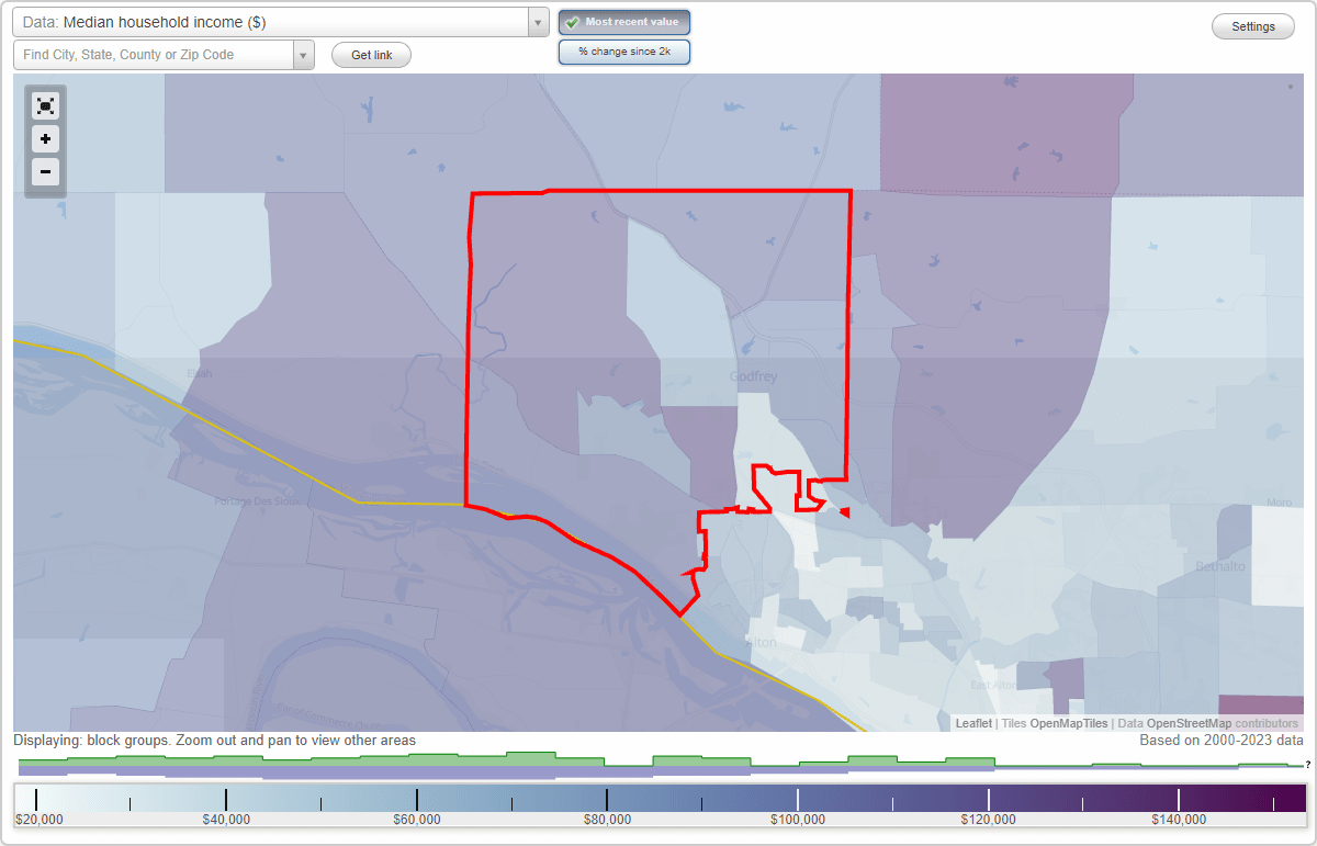 Godfrey, Illinois (IL) map, earnings map, and wages data