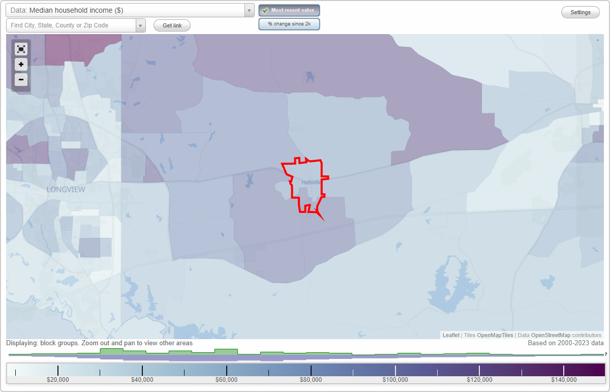 Hallsville, Texas (TX) map, earnings map, and wages data