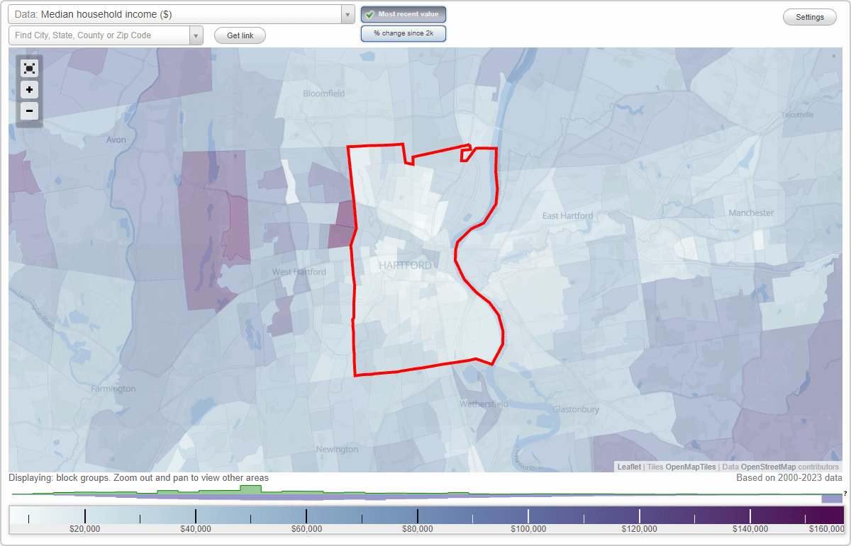 Hartford, Connecticut (CT) map, earnings map, and wages data