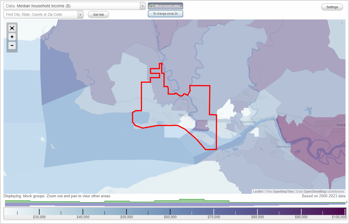 Hoquiam, Washington (WA) map, earnings map, and wages data