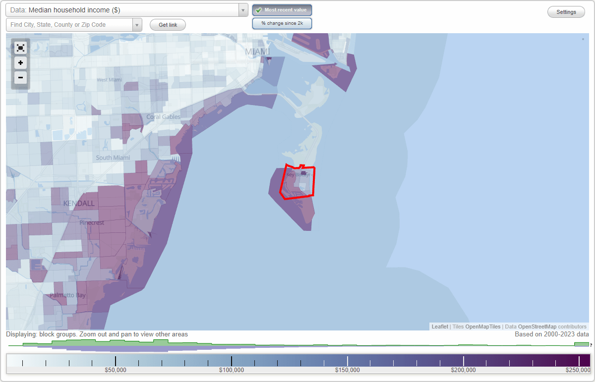 Key Biscayne, Florida (FL) map, earnings map, and wages data