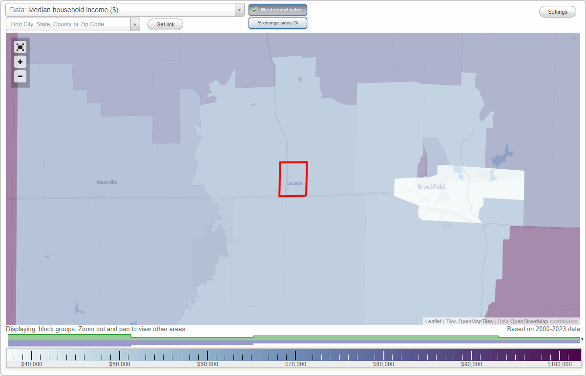 Laclede, Missouri (MO) map, earnings map, and wages data