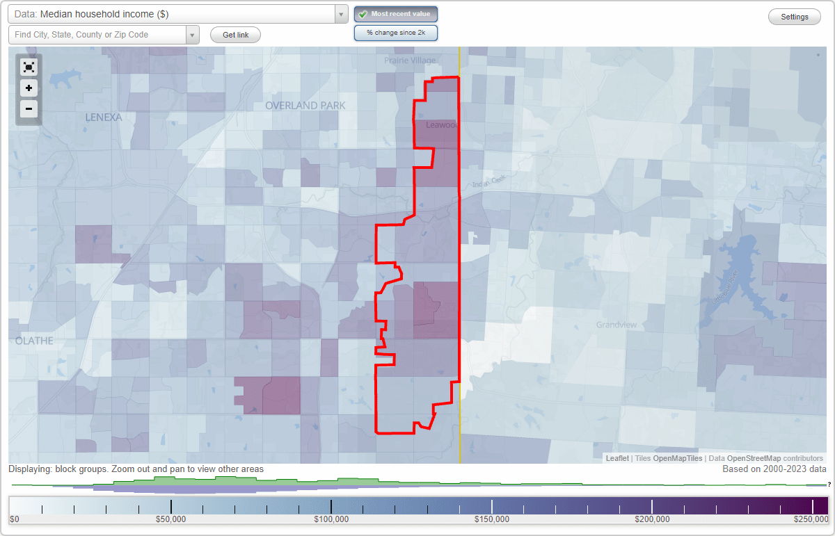 Leawood, Kansas (KS) map, earnings map, and wages data