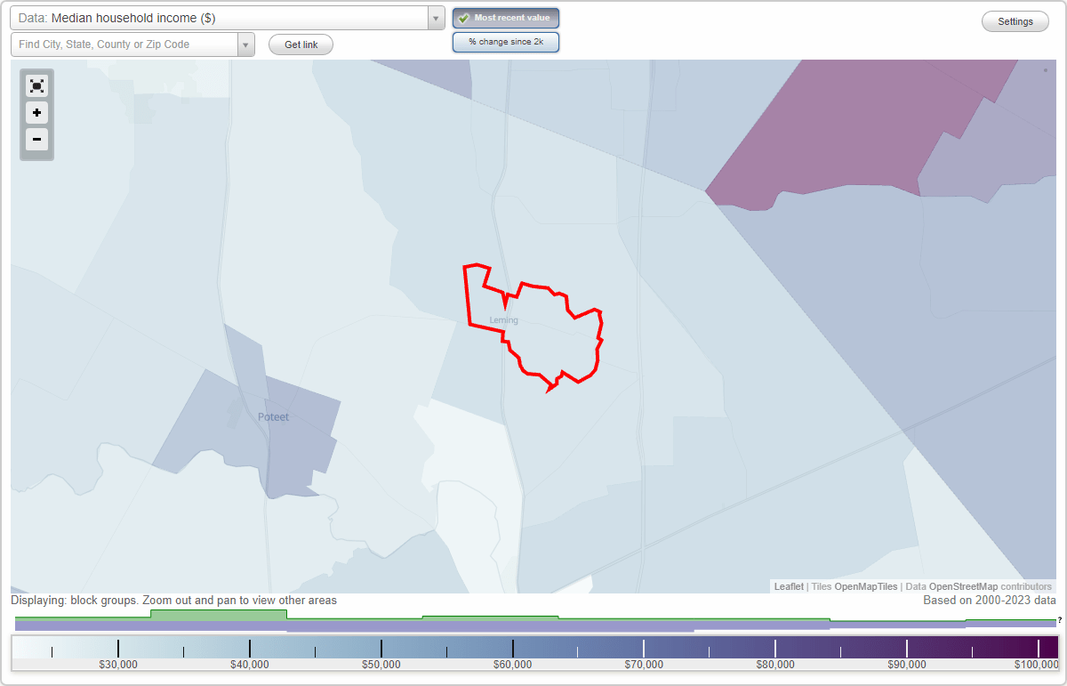 Leming, Texas (TX) map, earnings map, and wages data