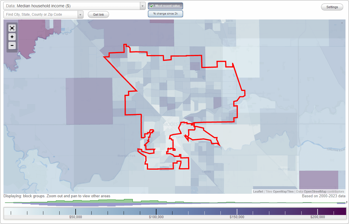Modesto, California (CA) map, earnings map, and wages data