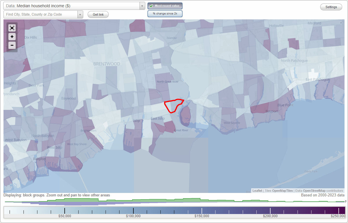 North Great River, New York (NY) map, earnings map, and wages data