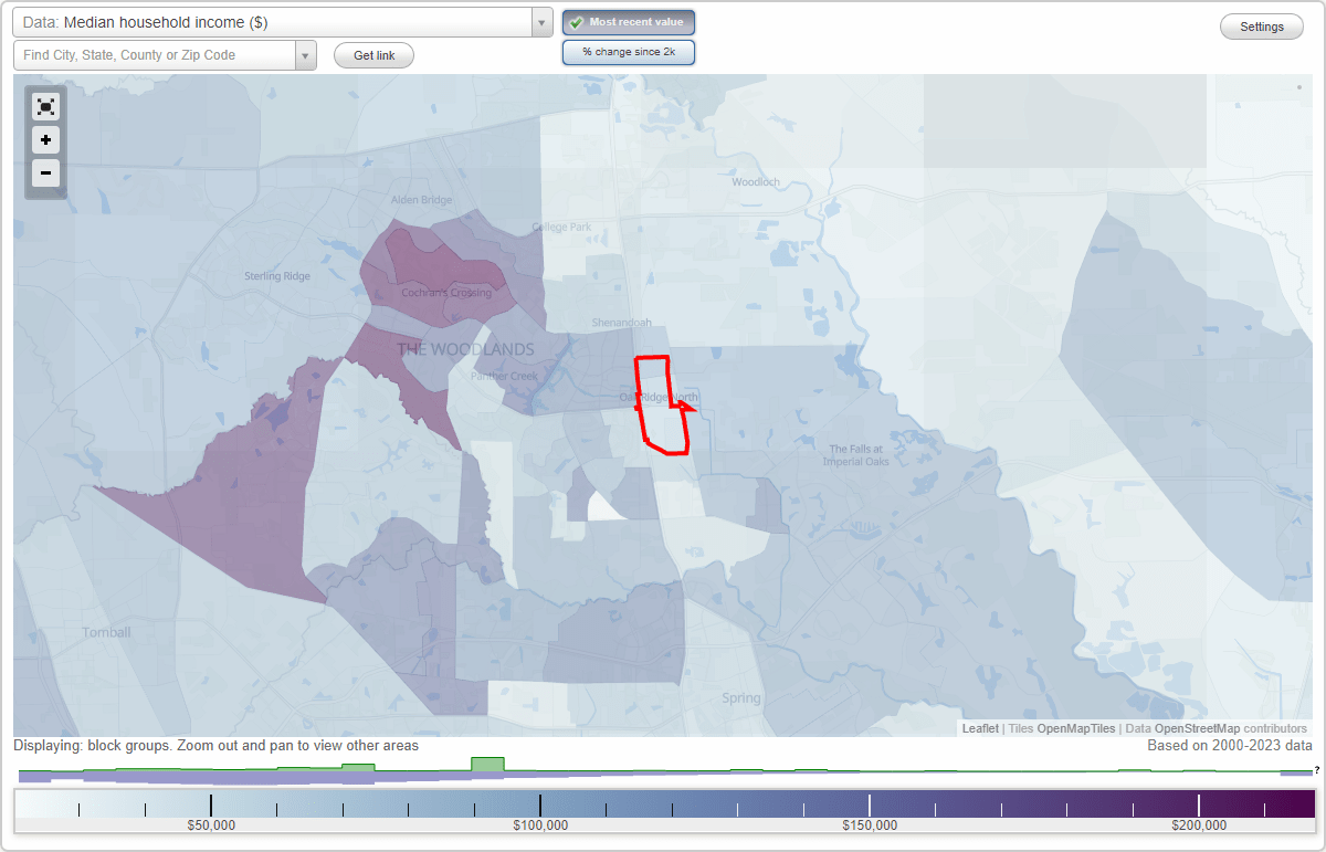 Oak Ridge North, Texas (TX) map, earnings map, and wages data