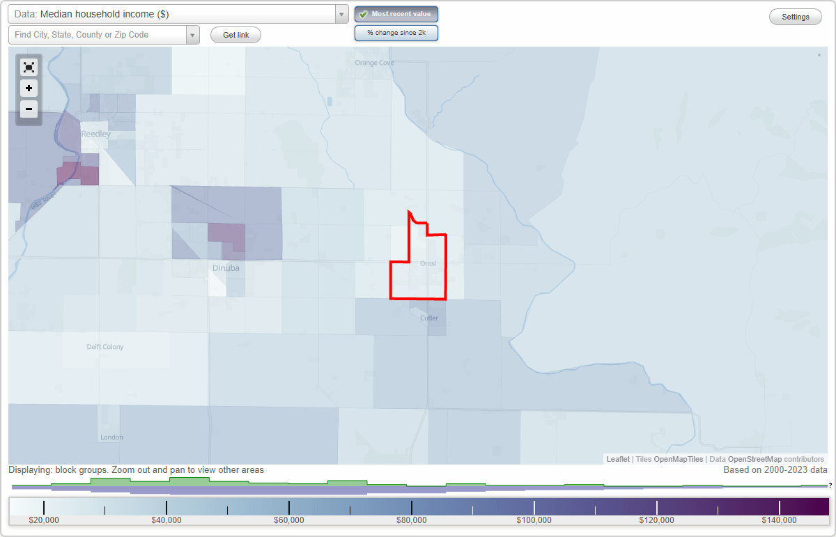 Orosi, California (CA) map, earnings map, and wages data