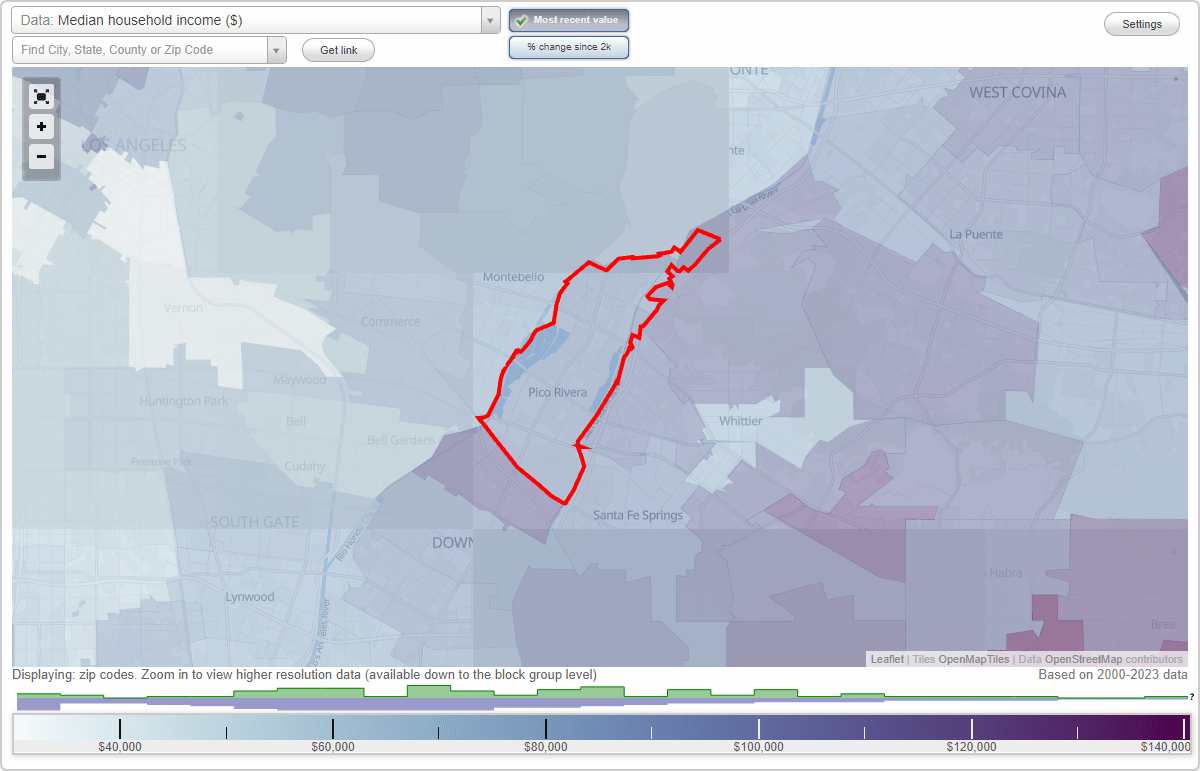 Pico Rivera, California (CA) map, earnings map, and wages data