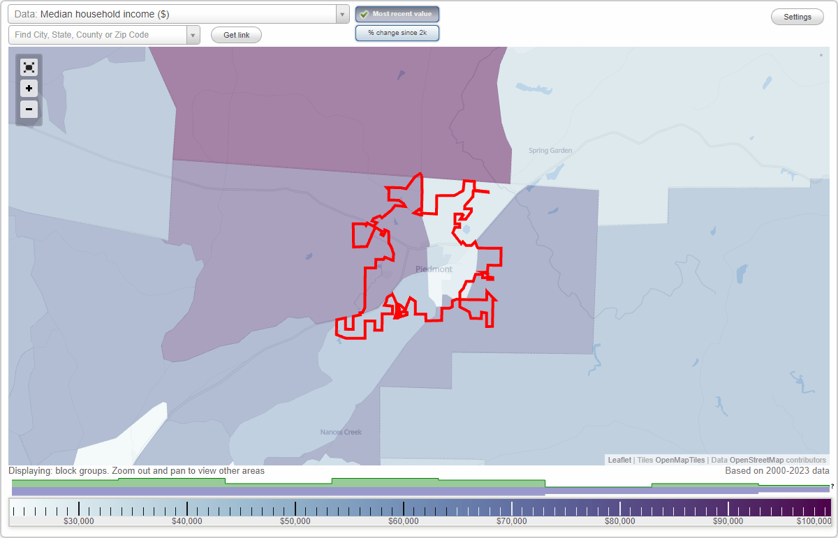 Piedmont, Alabama (AL) map, earnings map, and wages data