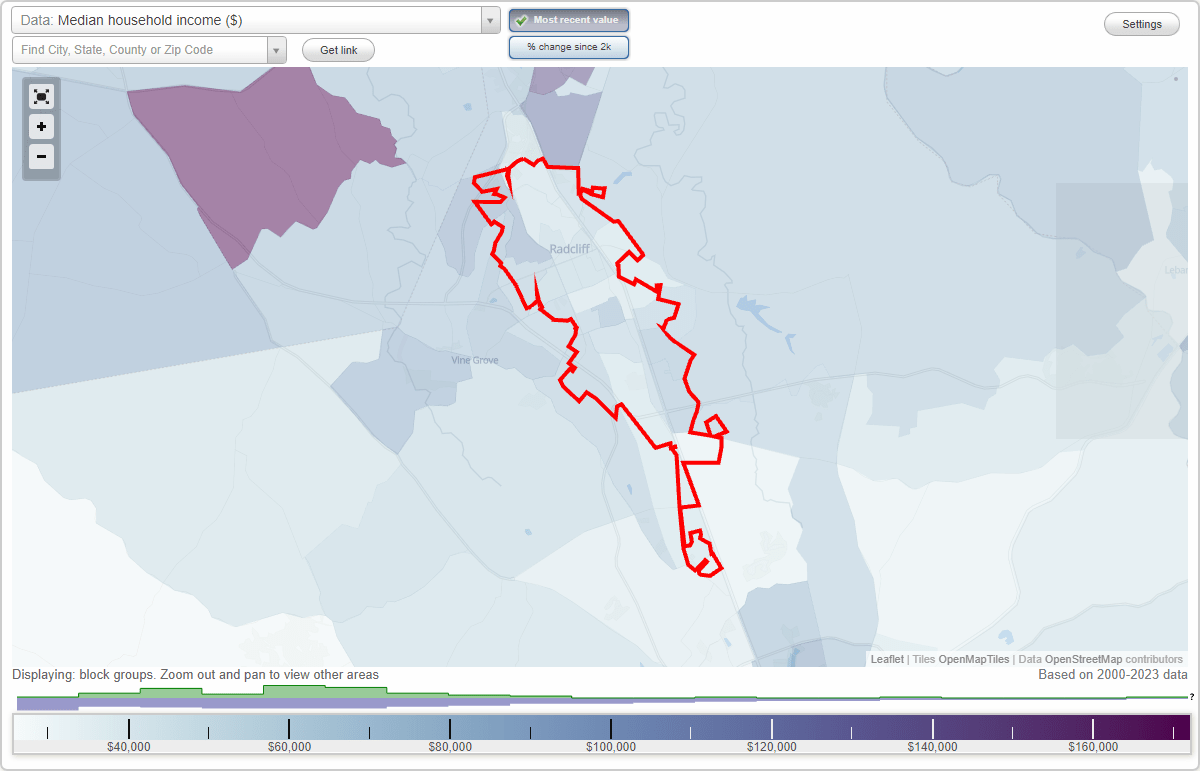 Radcliff, Kentucky (KY) map, earnings map, and wages data