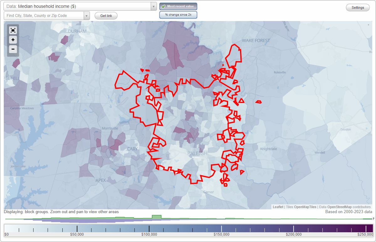 Raleigh, North Carolina (NC) map, earnings map, and wages data