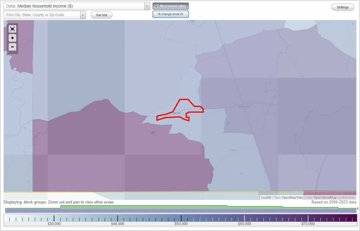 Ramer, Tennessee (TN) map, earnings map, and wages data