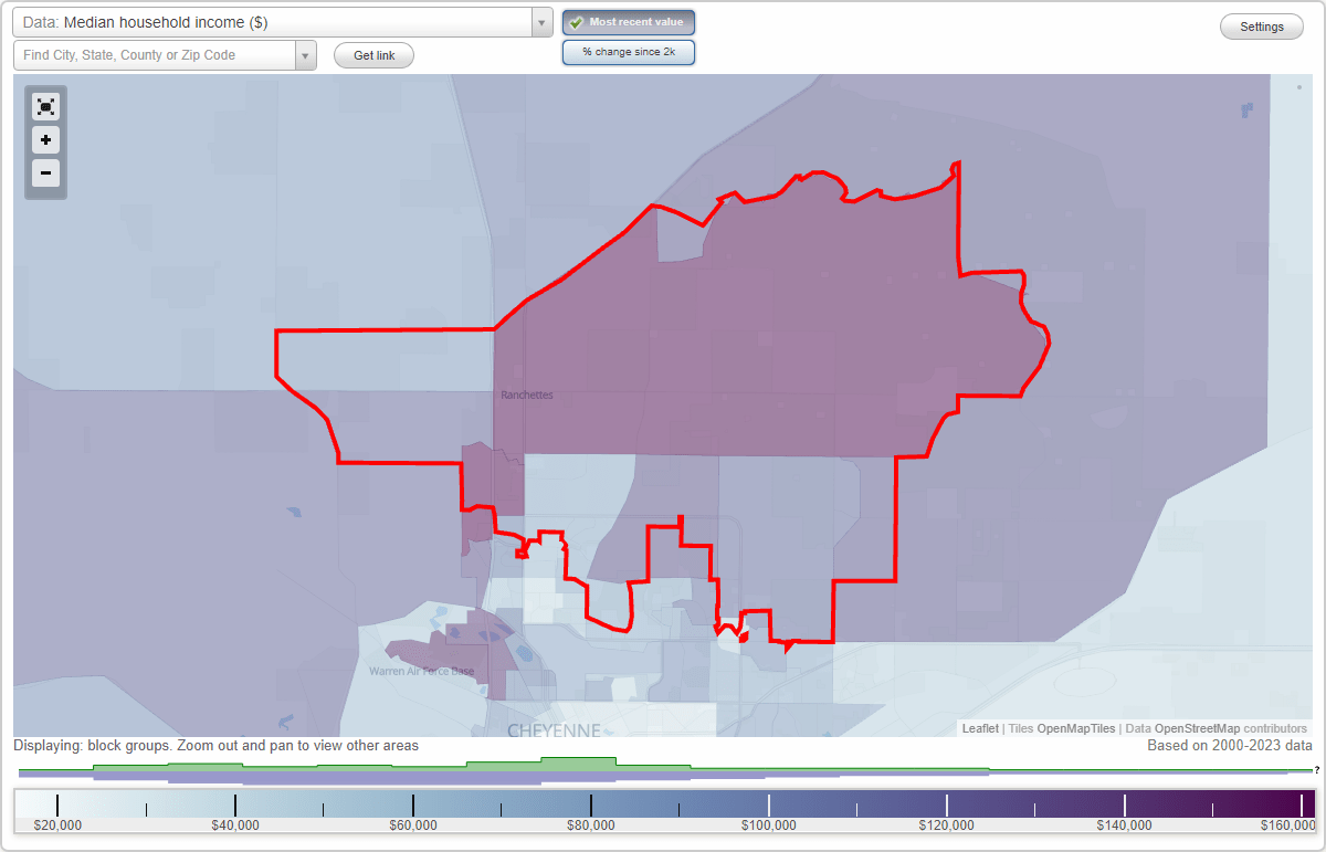 Ranchettes, Wyoming (WY) map, earnings map, and wages data