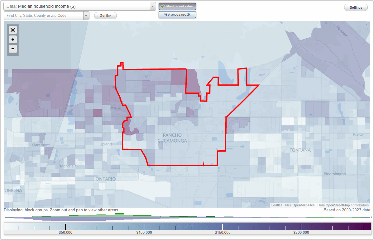 Rancho Cucamonga, California (CA) map, earnings map, and wages data
