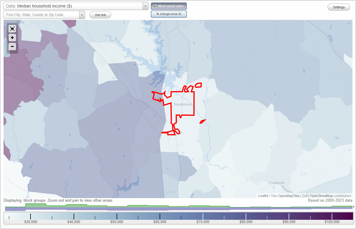 Randleman, North Carolina (NC) map, earnings map, and wages data