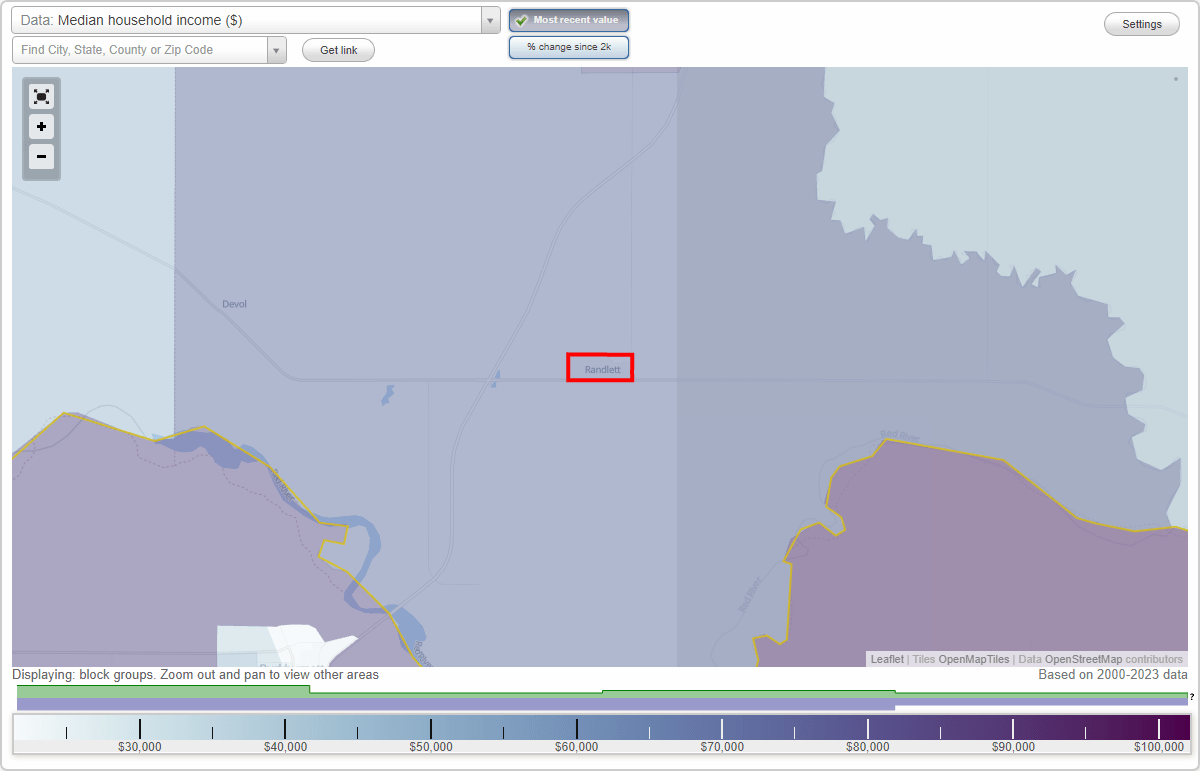 Randlett, Oklahoma (OK) map, earnings map, and wages data
