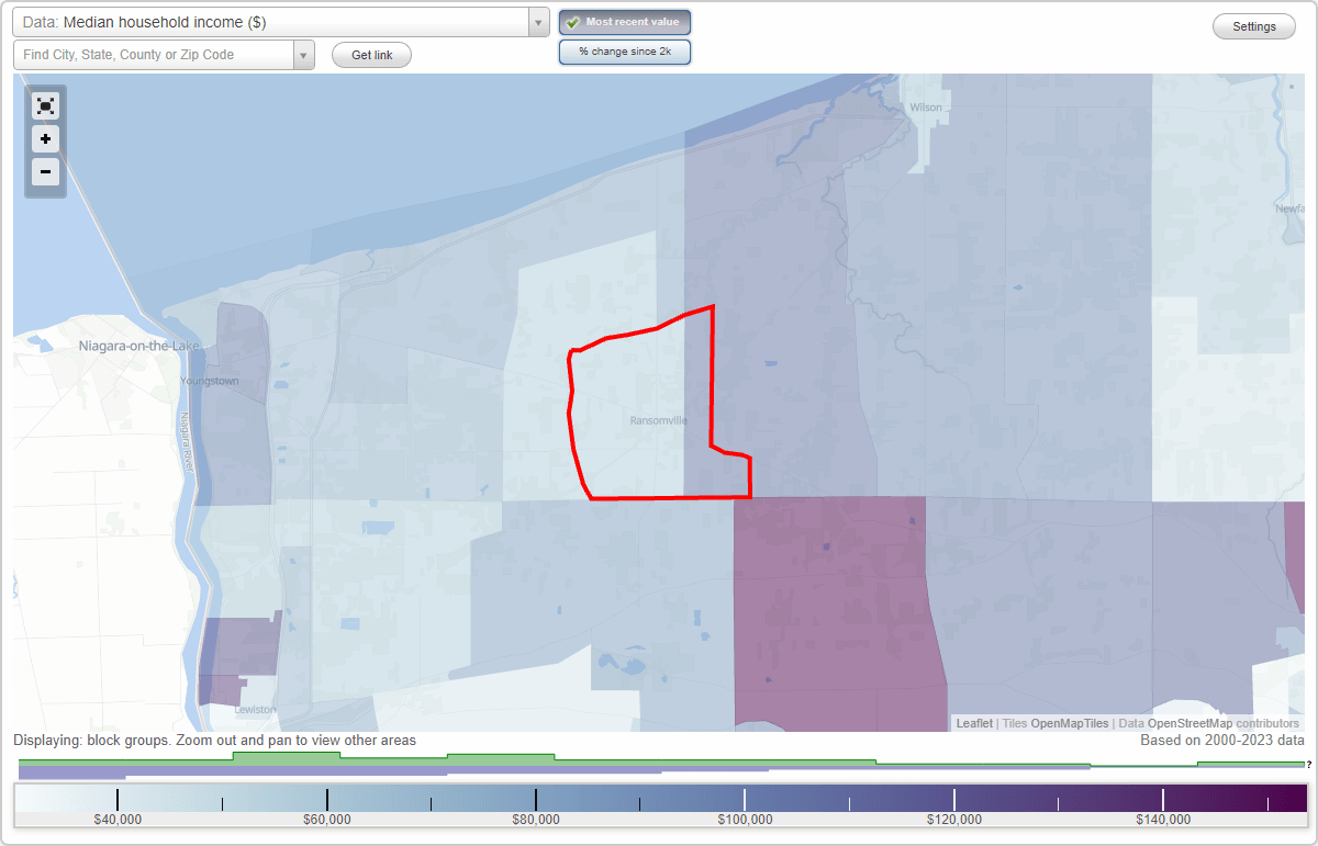 Ransomville, New York (NY) map, earnings map, and wages data