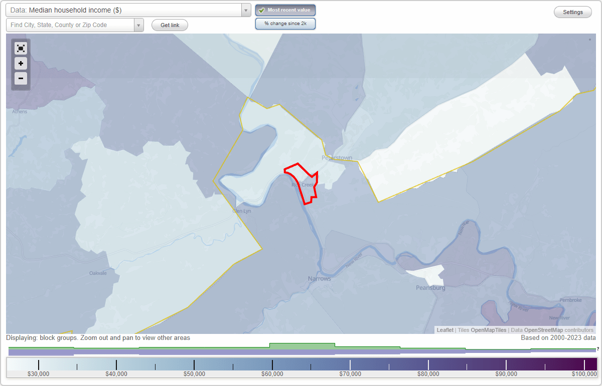 Rich Creek, Virginia (VA) map, earnings map, and wages data