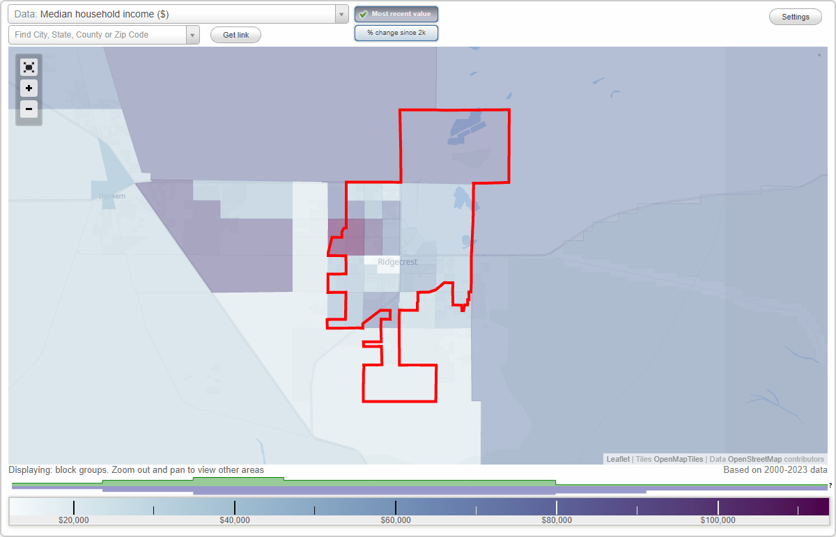 Ridgecrest, California (CA) map, earnings map, and wages data