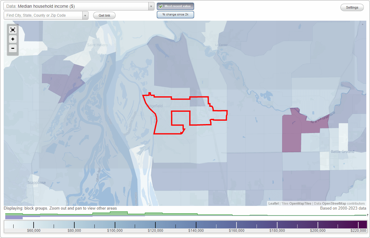 Ridgefield, Washington (WA) map, earnings map, and wages data