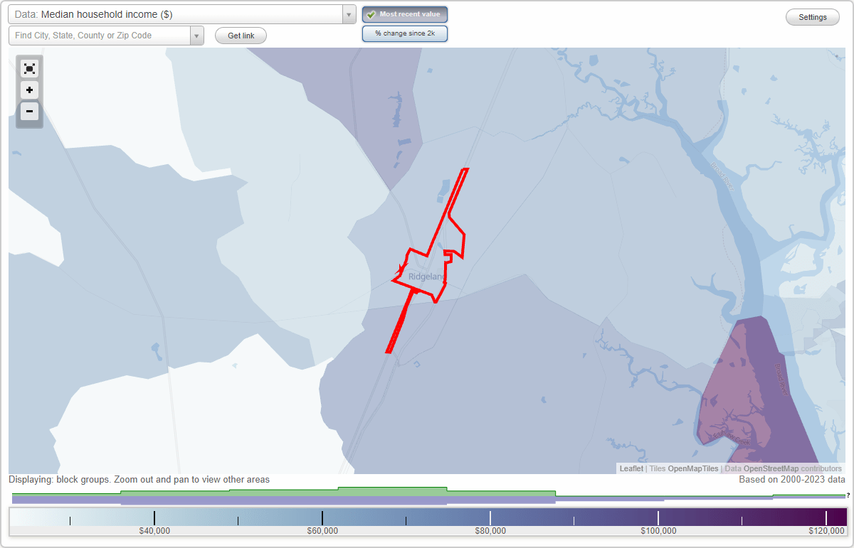 Ridgeland, South Carolina (SC) map, earnings map, and wages data