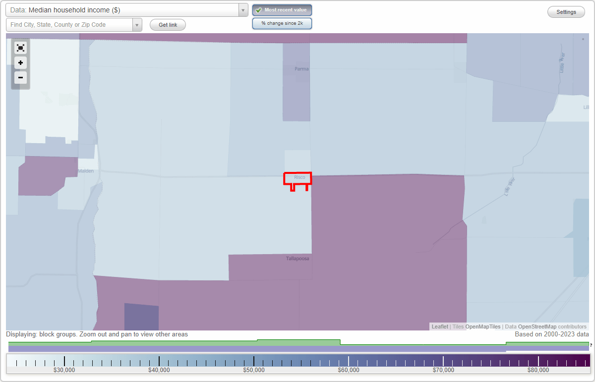 Risco, Missouri (MO) map, earnings map, and wages data