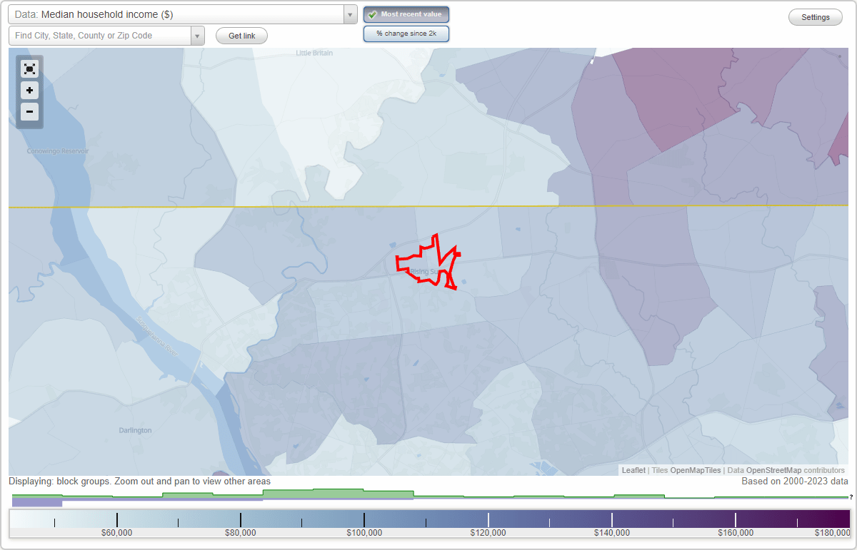 Rising Sun, Maryland (MD) map, earnings map, and wages data