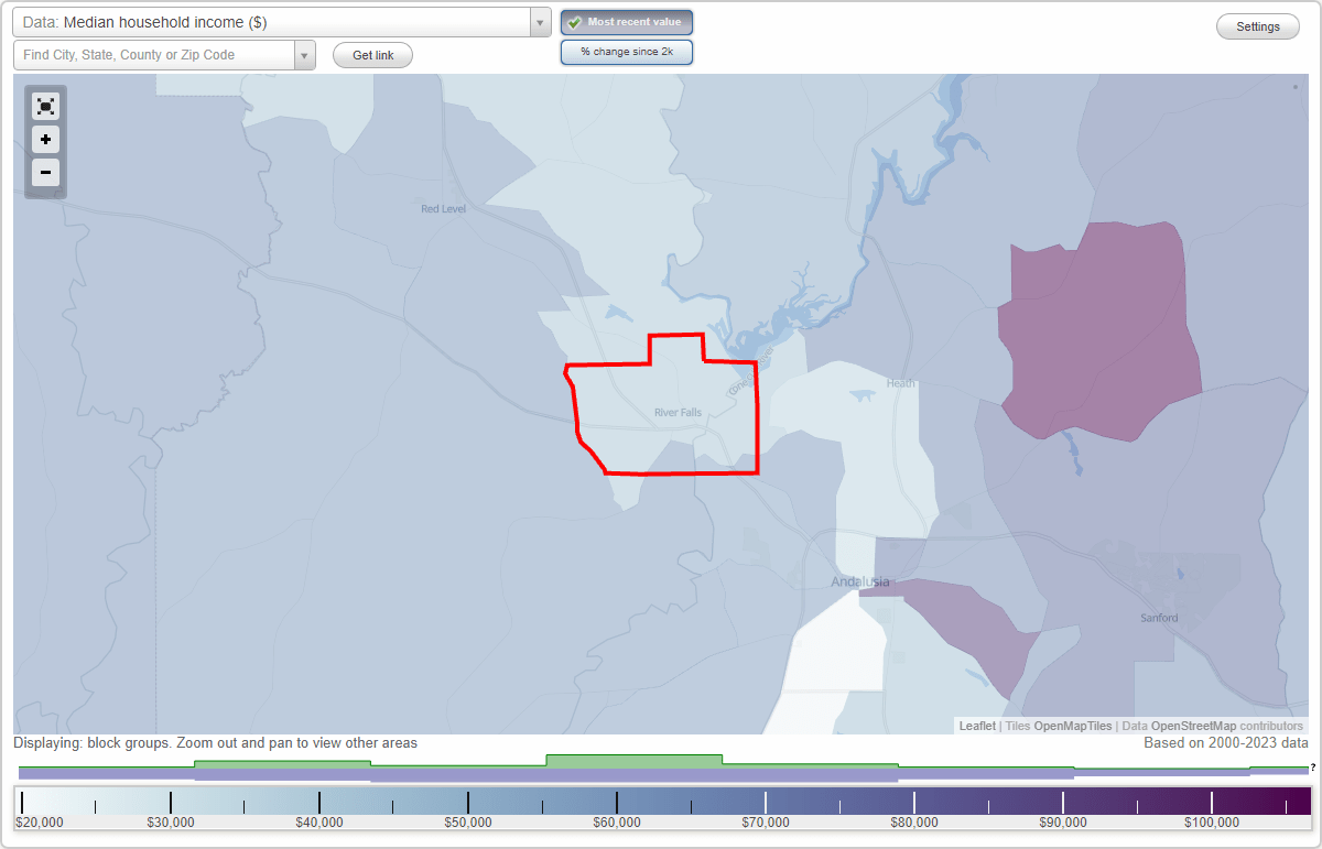 River Falls, Alabama (AL) map, earnings map, and wages data