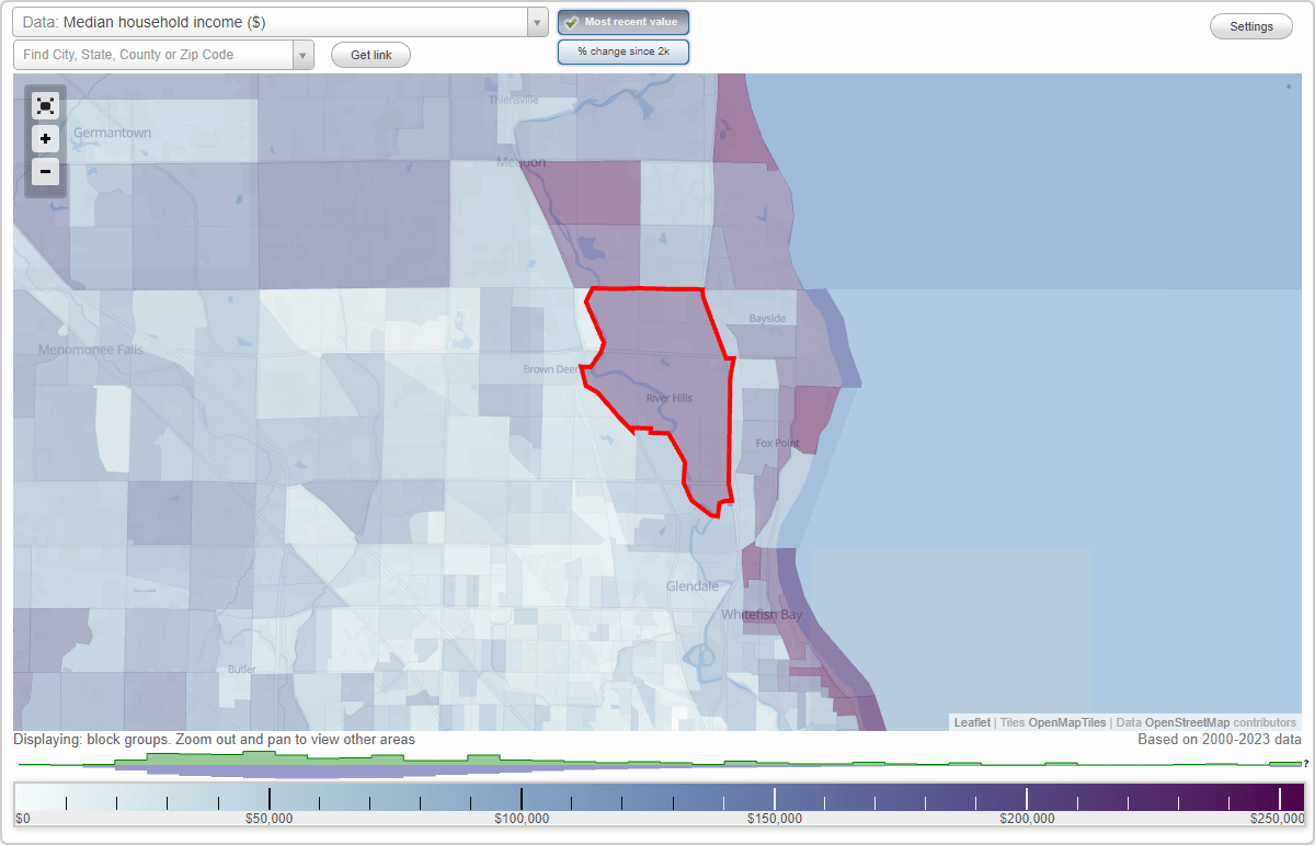 River Hills, Wisconsin (WI) map, earnings map, and wages data
