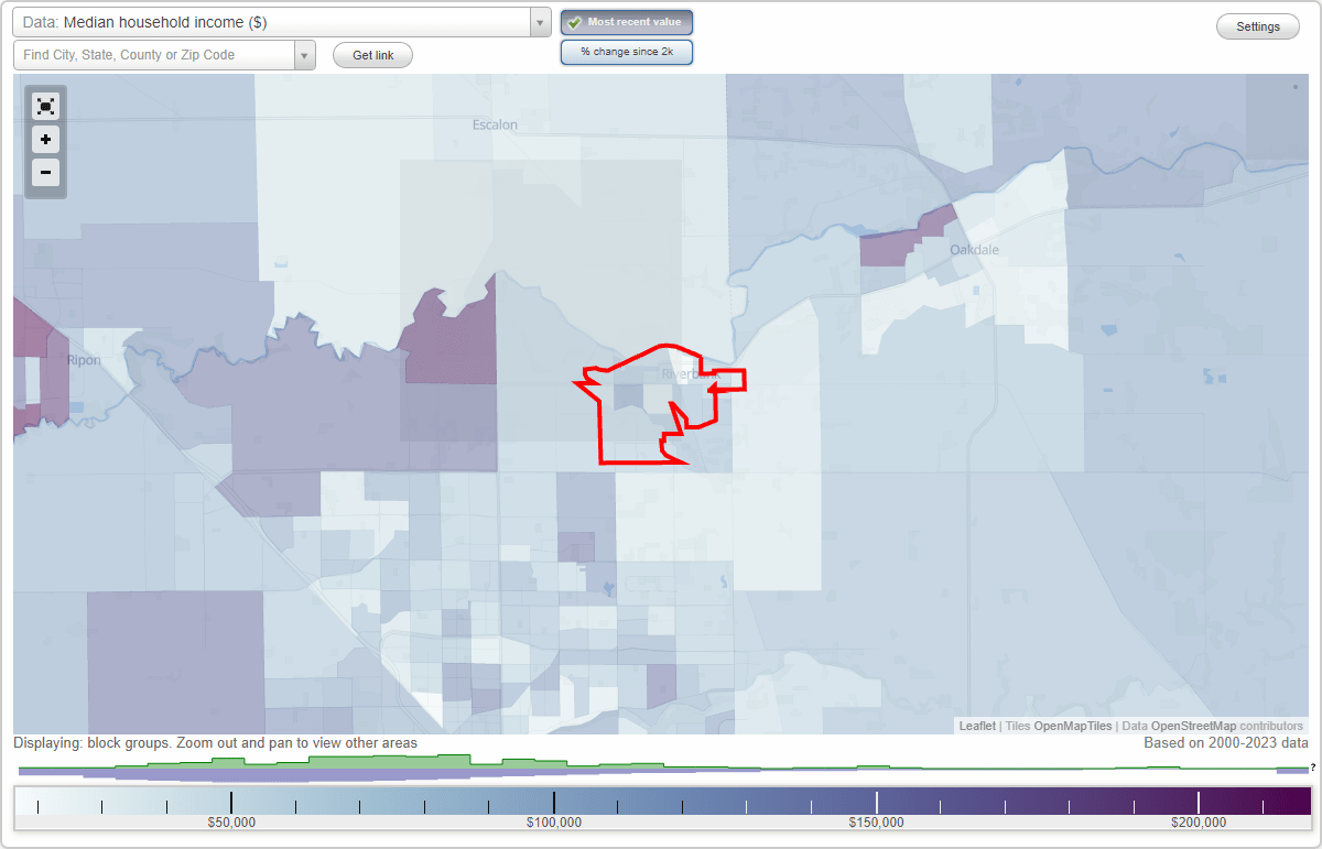 Riverbank, California (CA) map, earnings map, and wages data