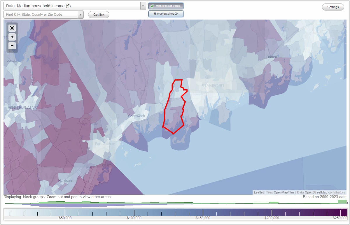 Riverside, Connecticut (CT) map, earnings map, and wages data