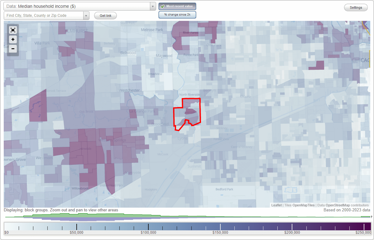 Riverside, Illinois (IL) map, earnings map, and wages data
