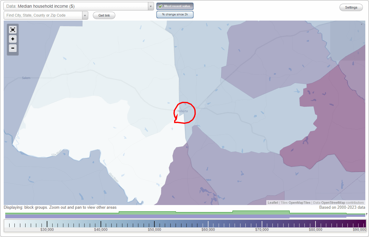 Roberta, (GA) map, earnings map, and wages data
