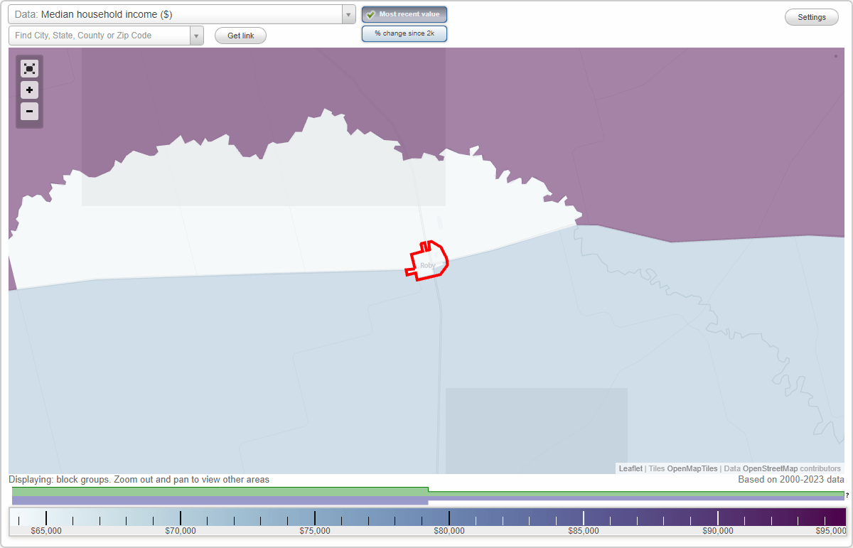 Roby, Texas (TX) map, earnings map, and wages data