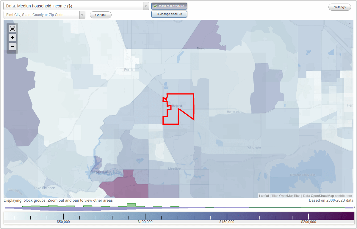 Romoland, California (CA) map, earnings map, and wages data