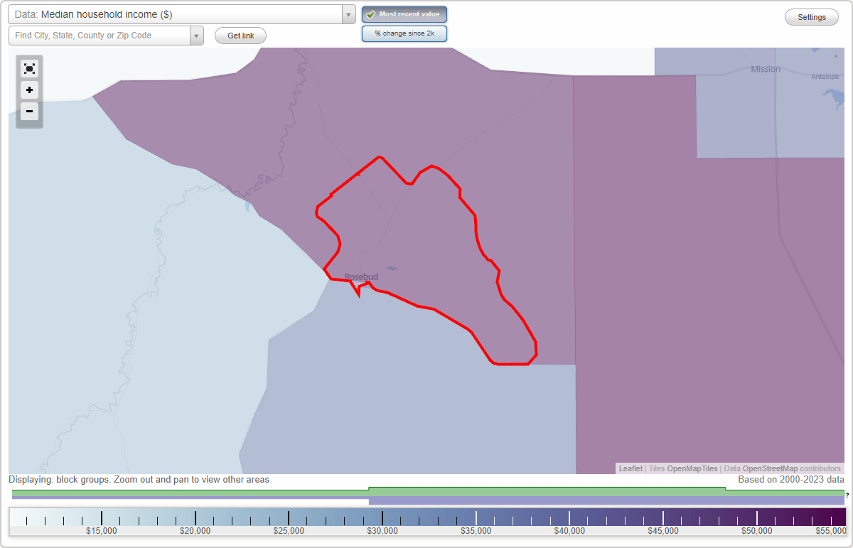 Rosebud, South Dakota (SD) map, earnings map, and wages data