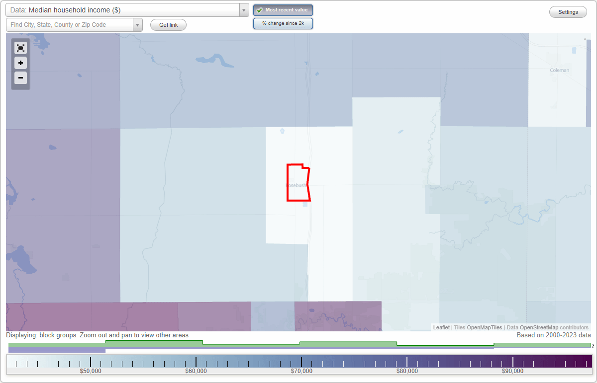 Rosebush, Michigan (MI) map, earnings map, and wages data
