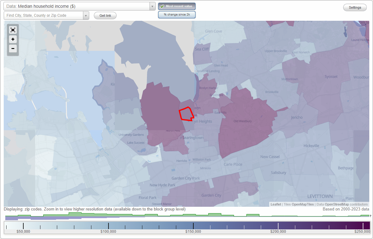 Roslyn Estates, New York (NY) map, earnings map, and wages data